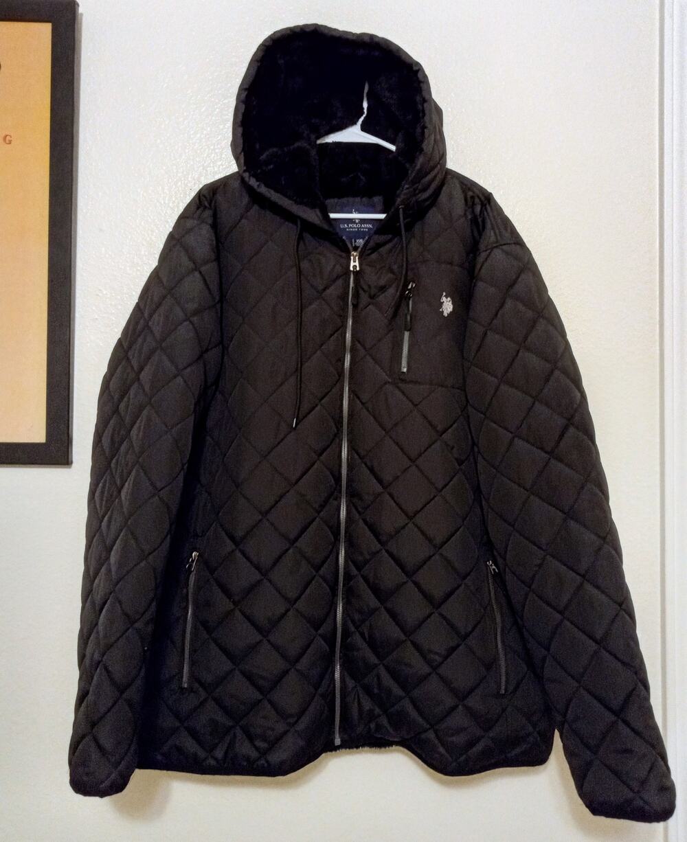 US Polo Assn Diamond Quilted Hooded Fleece Lined Men's Jacket Black SZ XXL